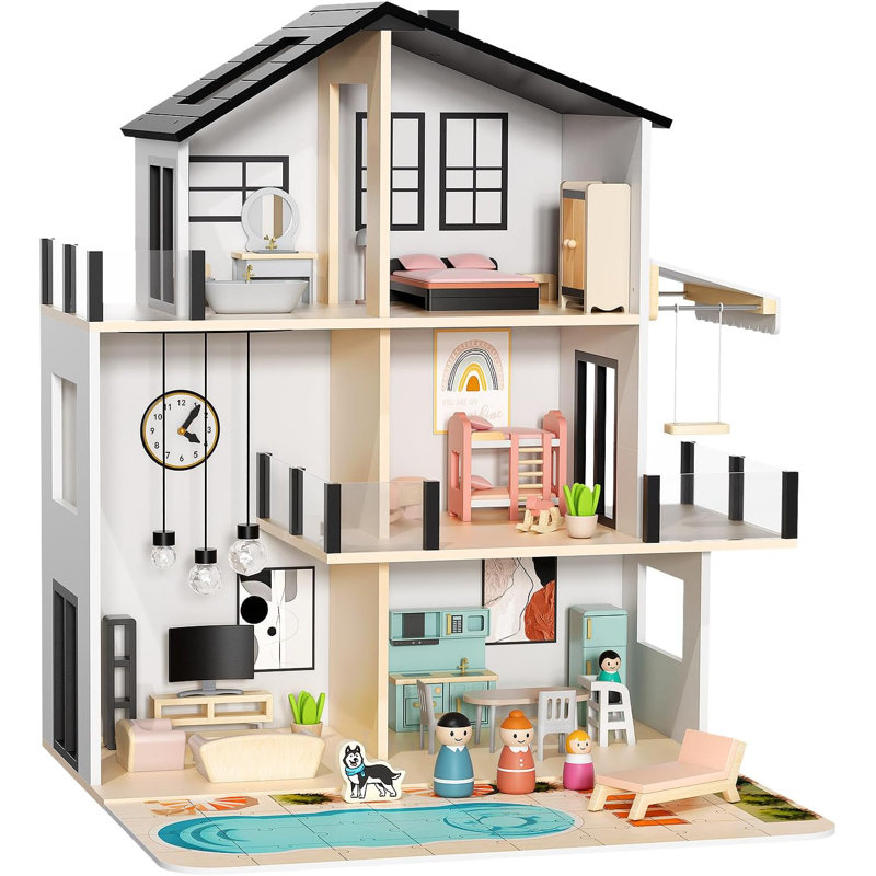 ドールハウス Suteck Wooden Dollhouse, Large Modern Doll House With 49pcs